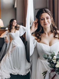 a woman in a white wedding dress sitting on a bed next to a flower bouquet