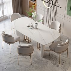 a white marble dining table surrounded by chairs