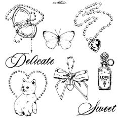 an image of some items that are in the shape of hearts and butterflies with words written below them