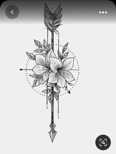 a black and white tattoo design with flowers on the side, arrows in the middle