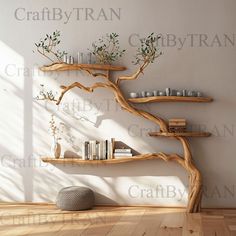 a wooden shelf with books and plants on it next to a wall mounted bookcase