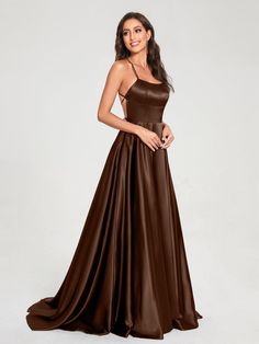 Lavetir sells a large selection of 2025 new bridesmaid dresses and wedding party dresses online. Stay on top of the latest fashion trends with these bridesmaid dresses featuring oversized bows, airy tulle skirts, sexy corset styles, and dramatic pleated metallics. Comes in various styles, such as A-line, mermaid, sheath, and empire waist, to suit different body types and preferences. Here is the dress detail: Fabric: Silk Satin or Satin; Silhouette: A-Line/Princess; Neckline: Spaghetti Straps; H Brown Dress Formal, Prom Dresses Brown, Prom Dress Ideas Unique, Brown Formal Dress, Prom Dresses Flowy, Brown Prom Dress, Senior Recital, Brown Prom Dresses, Backless Satin Dress