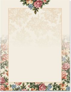 a floral frame with roses and leaves on the border is shown in beige, blue, pink