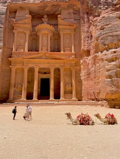 two camels and some people in front of a building