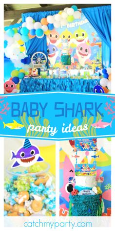 a baby shark party with balloons and decorations