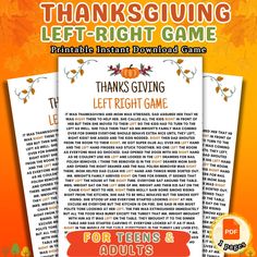 **Thanksgiving Left Right Game: A Heartwarming Holiday Tradition Add a dash of laughter and suspense to your Thanksgiving celebration with our Thanksgiving Left Right Game!  **Gameplay   - Gather your friends and family in a circle and hand out a small gift or prize to each participant (or just one to pass around).   - As the host reads an entertaining Thanksgiving-themed story aloud, players pass the gifts left or right whenever they hear the words "left" or "right" in the story.   - When the s Friendsgiving Left Right Game, Left Right Story Game Thanksgiving, Thanksgiving Pass The Gift Game, Left Right Game For Adults, Thanksgiving School Party, Thanksgiving Quiz, Thanksgiving Trivia Questions, Pass The Gift Game, Left Right Game