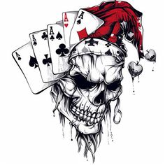 a skull with playing cards on it's head