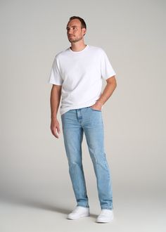 About Our Tall Straight Leg Jeans The OG denim fit in a length that fits your frame. Straight leg jeans for tall men are a must-have in every guy's closet and were one of the original denim styles in the mid-1900s (think James Dean and John Wayne). While jeans have been around for ages, finding options for tall guys has always been a struggle – until now. All of our men's tall jeans are designed specifically for guys between 6'3” and 7'1”. This pair has a bit more room in the hips and thighs wit Casual Outfits For Tall Guys, Mens Straight Jeans Outfit, Men’s Straight Leg Jeans Outfit, Men’s Simple Style, Men’s Blue Jeans, Mens Comfy Outfits Casual, Men’s Straight Leg Jeans, Man Jeans Outfit, Mid Size Men Outfits