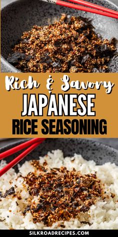 rice and sauce in a pan with chopsticks next to it on a plate