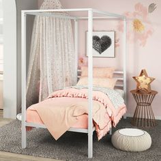 Add a touch of elegance to your bedroom with our Patricia Canopy Bed - without costing you an arm and a leg. This platform bed frame will stand out and be the centerpiece of your room with its beautiful color, combining old-school glamour aesthetics with a modern structure. Sturdy and well refined, this tall platform bed features a thick steel canopy frame with a matte finish that brightens any room with ease. In addition to being beautifully crafted, this solid frame is equipped with metal slat Tall Platform Bed, Girls Twin Bed, Twin Canopy Bed, Metal Canopy Bed, Modern Structure, Canopy Bed Frame, Steel Canopy, Twin Bed Frame, Metal Canopy