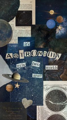 collage of astronomy related items including the sun, saturn, and other planets with words written on them