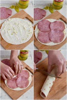 the process of making homemade pizzas is being made with ingredients such as cheese, pepperoni and salami