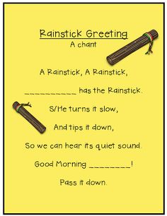 a yellow poster with words and pictures on it that say, rainstick greetings