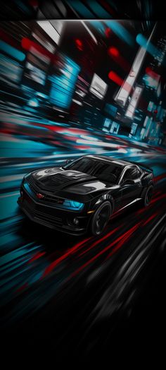 a black car driving down a city street with red and blue streaks on the ground