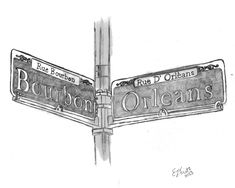 a drawing of two street signs that are on top of each other with the names bourbon and orleans