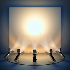 an empty stage with spotlights on the floor and chairs in front of it royalty illustration