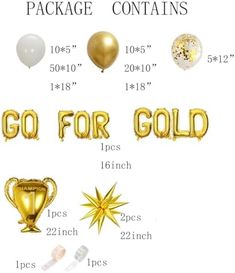 gold foil balloons and confetti with the words go for gold