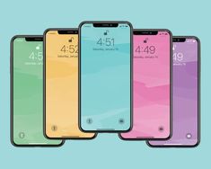 four different colored iphones with the same screen size and number on each one side