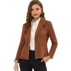 Modern and elegant, this blazer style with faux suede fabric. This chic blazer designed with lapel collar and long sleeve, adds a touch of elegance to your wardrobe. Pair with long pants for a vintage and fashionable look. Suit for autumn/winter and for many occasions, such as casual, office, work, business, meeting, dating and weekend gathering. Stylish Blazer, Suede Blazer, Chic Blazer, Faux Suede Fabric, Blazer Designs, Work Jacket, Work Wear Women, Work Jackets, Womens Blazers