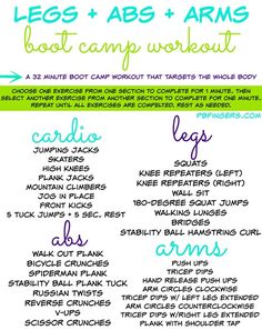 an exercise poster with the words leg abss and arms, boot camp workout written on it