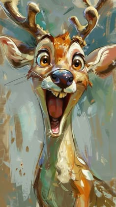 a painting of a deer with its mouth open and eyes wide open, making it look like he is laughing