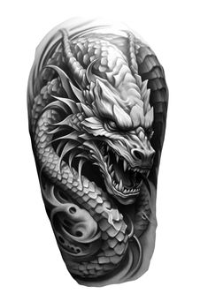 a black and white photo of a dragon tattoo