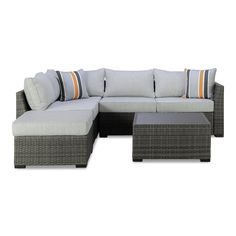 an outdoor sectional sofa with pillows and ottomans on the bottom, in front of a white background