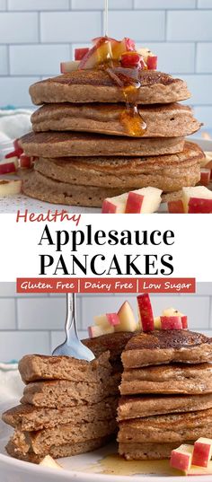 pancakes stacked on top of each other with apple slices