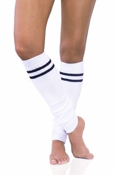 Bold contrast stripes lend a collegiate aesthetic to these throwback leg warmers crafted from soft cotton with stretch for added comfort. 80% cotton/20% spandex Machine wash, line dry Imported Sporty Knee-high Cotton Socks, White Sporty Knee-high Socks, Sporty Cotton Knee-high Socks, Sporty Stretch Cotton Knee-high Socks, Casual Stretch Striped Socks, Casual Striped Stretch Socks, Stretch Cotton Knee-high Sporty Socks, Casual Striped Leg Warmers For Fall, Sporty Stretch Cotton Socks