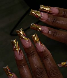 Gold Long Acrylic Nails, Gold French Tip, Henna Nails, Classy Acrylic, Abstract Nail, Abstract Nail Art, Classy Acrylic Nails, Bling Acrylic Nails, Get Nails