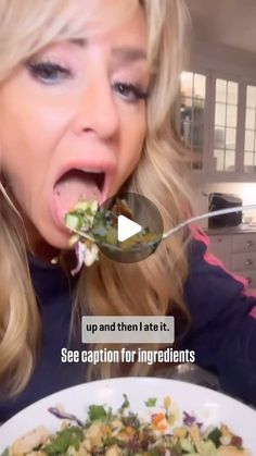 a woman eating salad with a spoon in her mouth and the caption reads, up and then late it see caution for ingredients