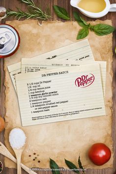 an old recipe paper with the words dr pepper's written on it next to various ingredients