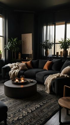 a living room filled with black furniture and lots of plants on the windowsills