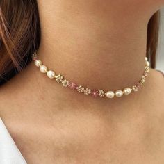 Aesthetic Flower Pearl Necklace Pink Dainty Cute Beaded - Etsy Pearl Necklace Colorful, Pearl Necklace Pink, Flower Pearl Necklace, Mixed Beads Necklace, Y2k Necklace, Pink Pearl Necklace, Aesthetic Flower