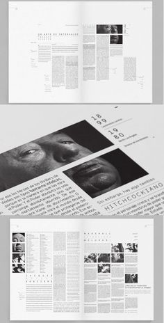 an open magazine with black and white photos on the front, back and side pages