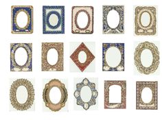 an assortment of different colored frames on a white background, each with a decorative design