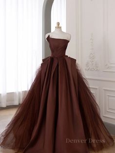 Brown Satin Tulle Long Prom Gown Satin Ball Gown, Long Evening Dresses, Prom Dress Plus Size, Long Prom Gowns, Satin Tulle, Brown Satin, Gown Prom, Gowns With Sleeves, Bridal Wedding Dresses