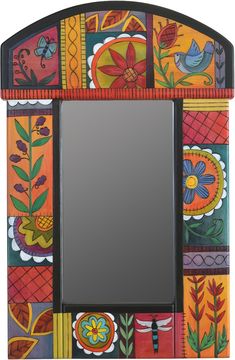 Small Mirror –  Small mirror with bright contemporary floral motif Handpainted Wood Mirror, Hand Painted Mirrors Wall, Armoire Design, Sticks Furniture, Small Mirror, Madhubani Art, Mirror Mosaic, Painted Chairs, Mirror Painting