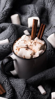 hot chocolate with marshmallows and cinnamon sticks in a mug on a blanket