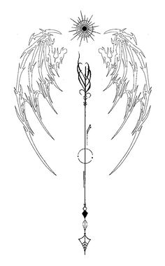 an angel's wing and arrow tattoo design on a white background with the sun above it