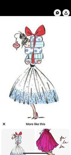 a drawing of a woman in a dress with a red bow on her head and the words more like this