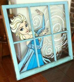 an image of a frozen princess looking out the window with swirls painted on it