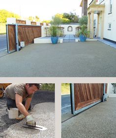 a man is working on an outdoor driveway