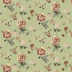 a green floral wallpaper with pink and white flowers on the left side of it