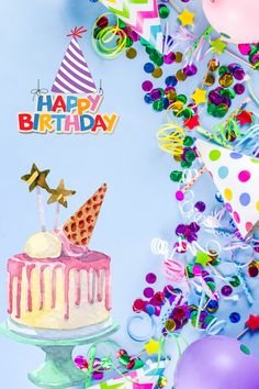 a birthday cake sitting on top of a table surrounded by confetti and balloons