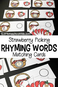 strawberry picking rhyming words matching cards for preschool and homeschool students to use