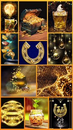 the collage shows many different images with gold and silver items in them, including an open