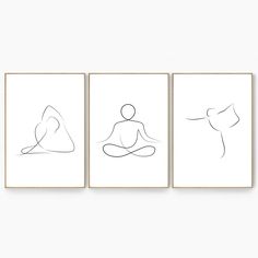 three minimal line art prints with one person sitting on the floor and another standing in front of