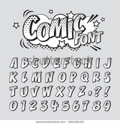 comic font and numbers in the style of comics on a gray background, with stars