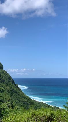 the ocean is in the distance and there are trees on the side of the hill